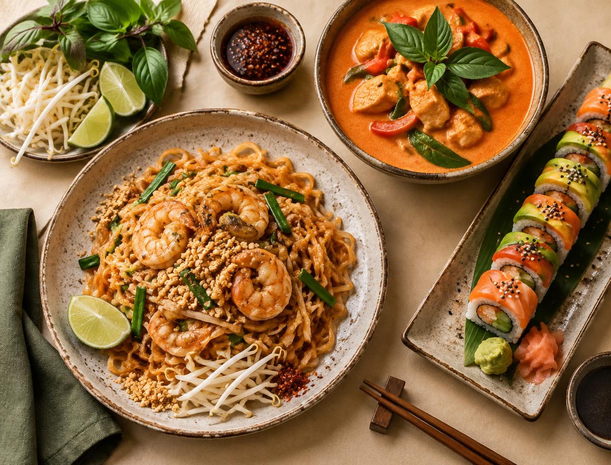 A spread of Thai dishes including pad thai, red curry, and sushi rolls