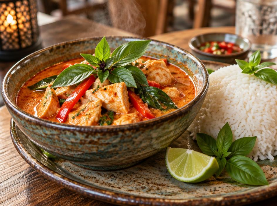 A bowl of steaming Thai red curry with jasmine rice and fresh basil
