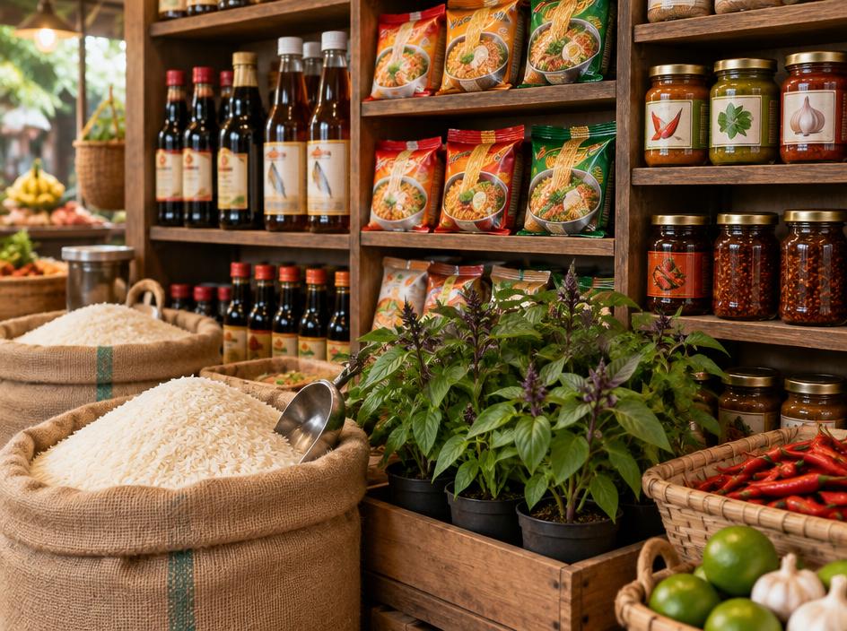 Asian grocery market shelves with rice, sauces, noodles, and fresh basil